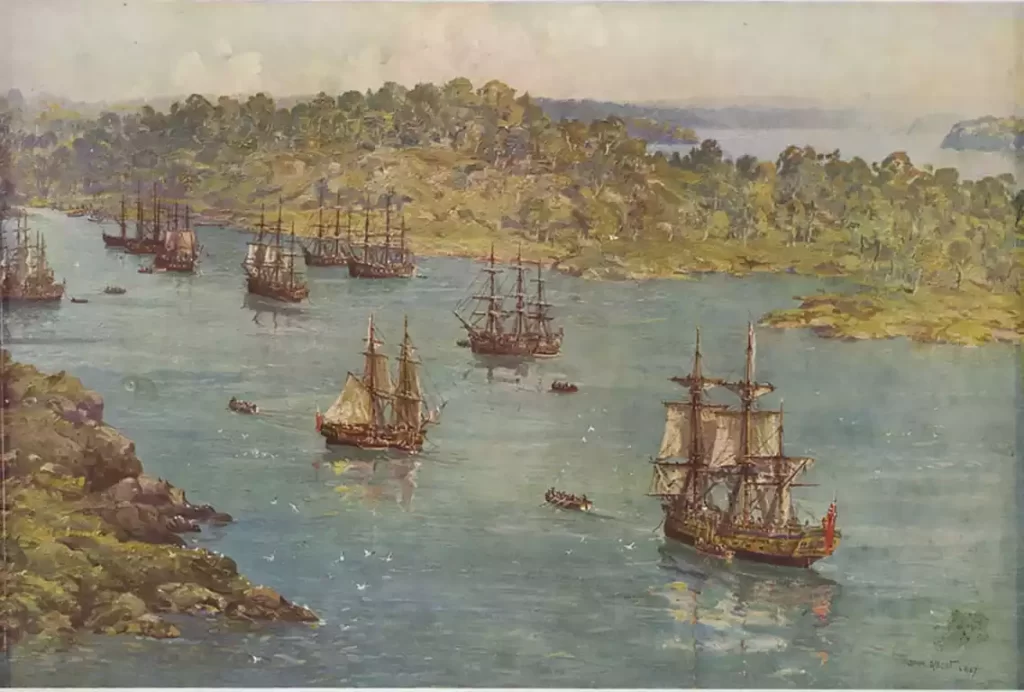 The first fleet arrives Sydney Cove in 1788 by convict artist Thomas Whatling